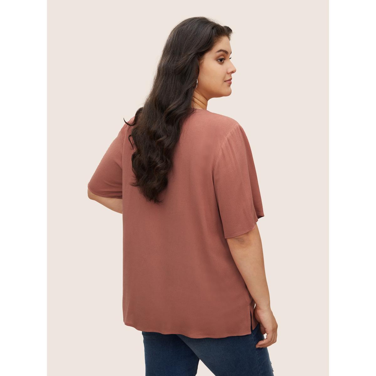 Plus Size Rouge Rayon Plain Lace Up Blouse Women Casual Short sleeve Round Neck Everyday Blouses BloomChic 26/4X Product Image