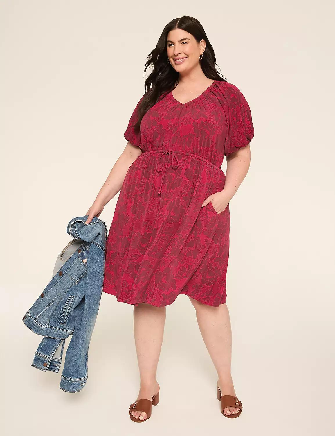 Puff-Sleeve Tie-Waist Jersey Dress Product Image