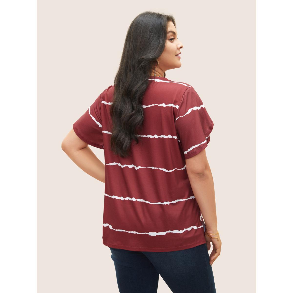 Plus Size Striped Contrast Petal Sleeve T-shirt Scarlet Women Elegant Striped Everyday T-shirts BloomChic 12/L Product Image