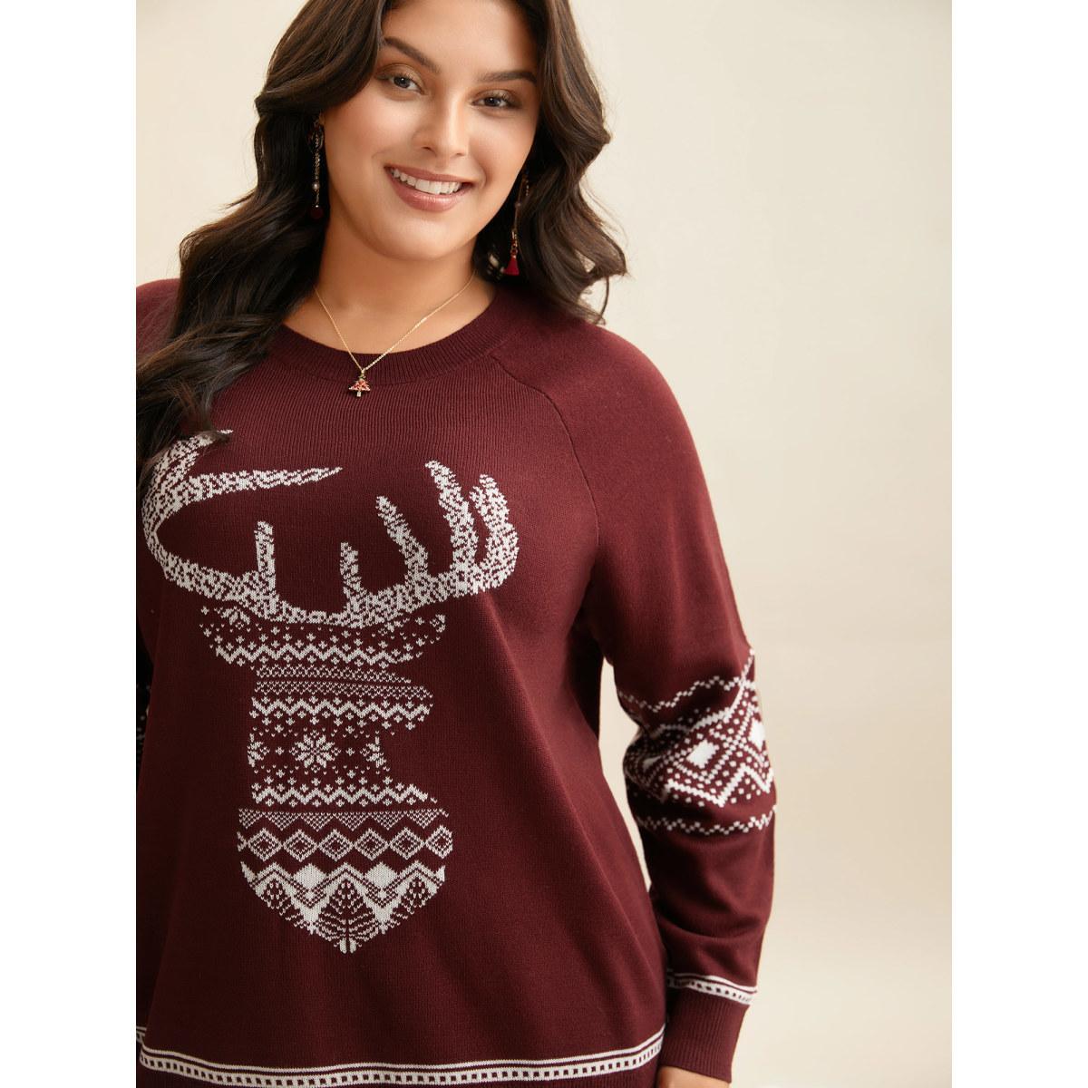Plus Size Geo Reindeer Printed Sleeves Straight Fit Pullover Scarlet Women Casual Loose Long Sleeve Round Neck Everyday Pullovers BloomChic 10/M Product Image
