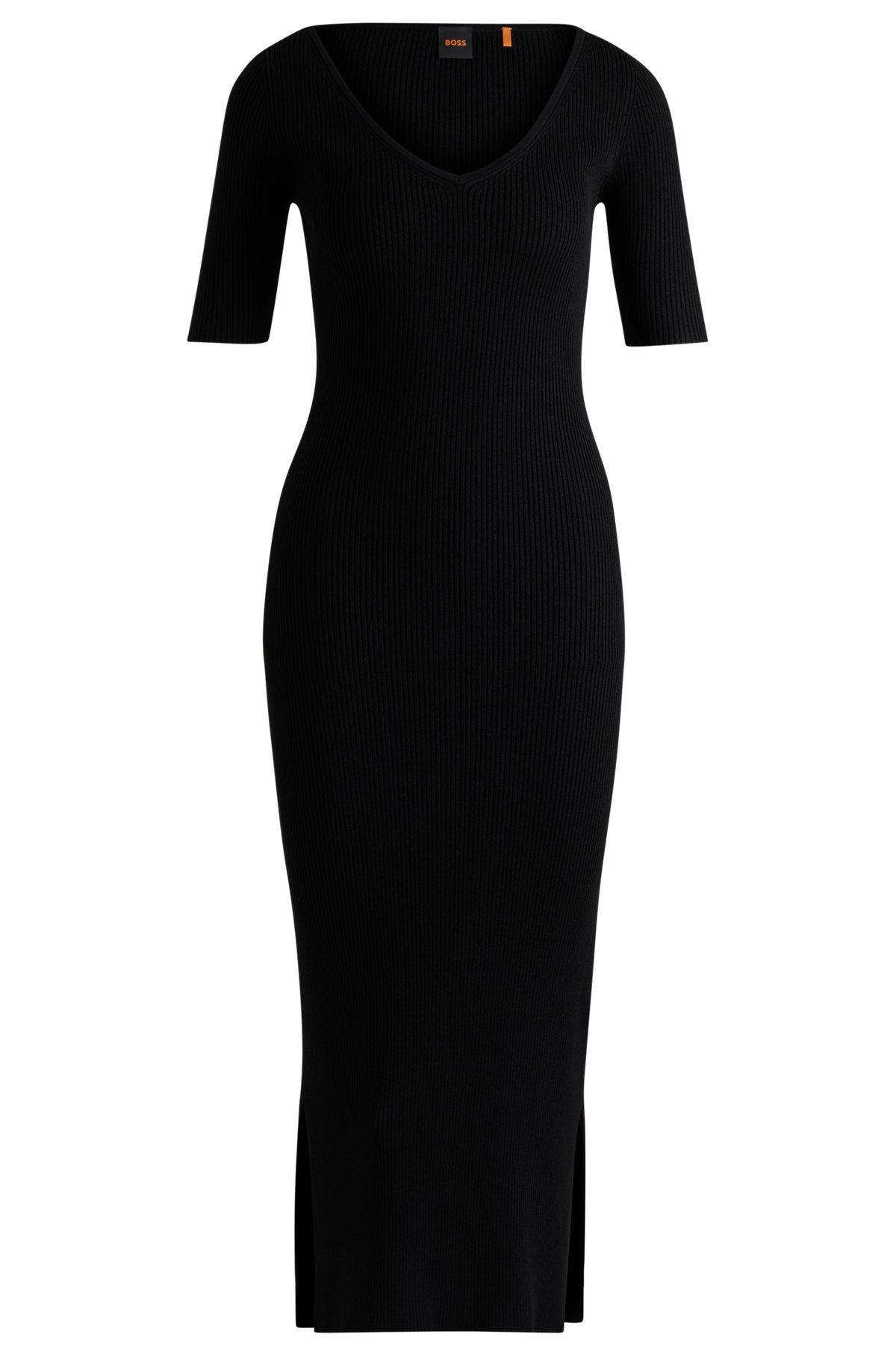 BOSS - Knitted dress with V neckline in stretch yarns - Black Product Image