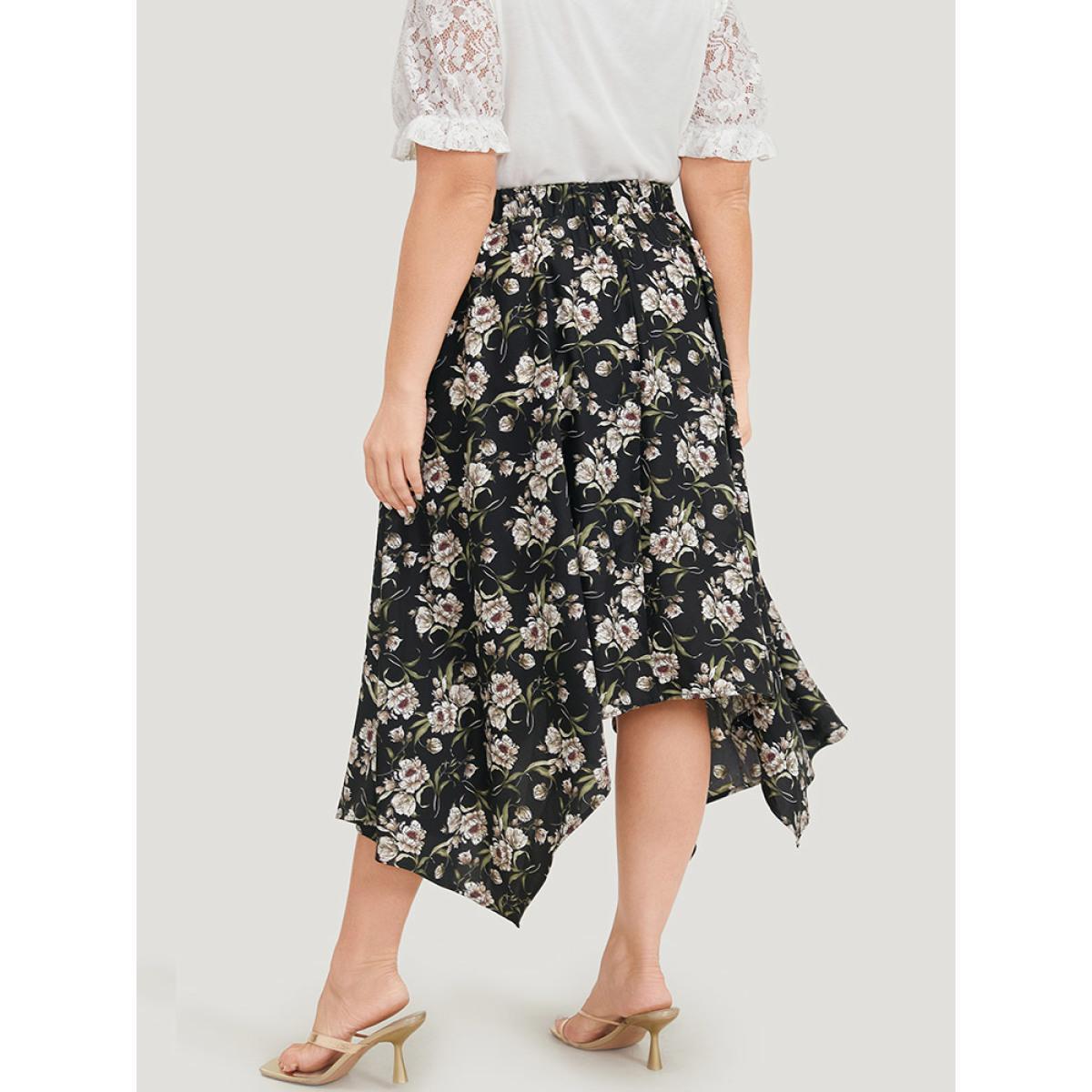 Plus Size Floral Print Pocket Elastic Waist Hanky Hem Skirt Women BlackFlower Elegant Printed No stretch Dailywear Skirts BloomChic 18-20/2X Product Image
