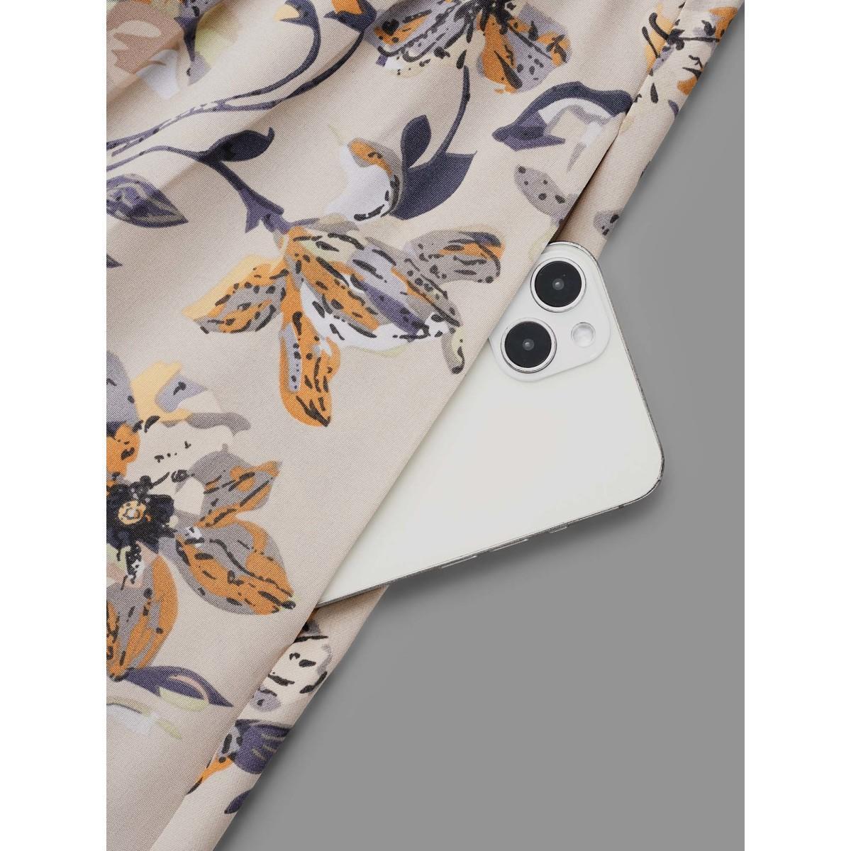 Plus Size Floral Stretchy Waist-Cinched Pocket Dress Tan Women Elegant Non Round Neck Long Sleeve Curvy BloomChic 26/4X Product Image