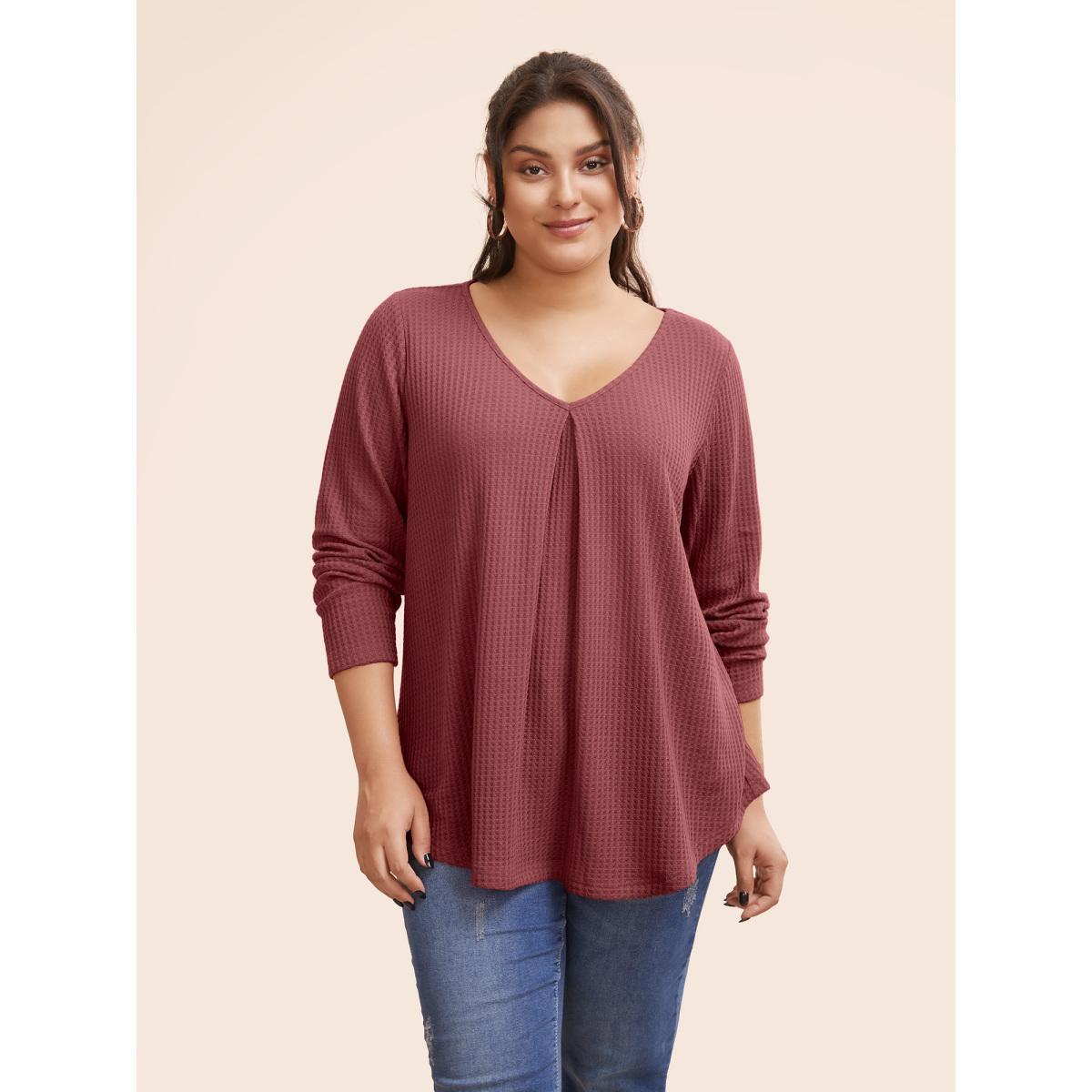Plus Size Plain Waffle Knit Scoop Neck Plicated Detail T-shirt Russet Women Casual Non Plain V-neck Everyday T-shirts BloomChic 30/6X Product Image