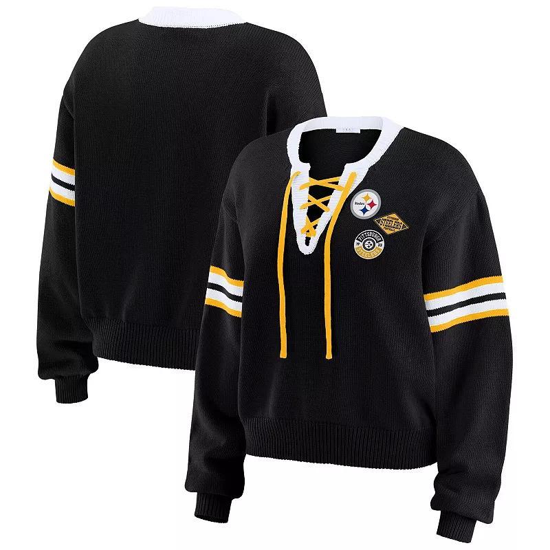 Women's WEAR by Erin Andrews Black New Orleans Saints Lace-Up Pullover Sweatshirt, Size: 2XL Product Image