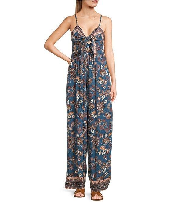 Angie Sleeveless Large Floral/Border Print Keyhole Knot Front Wide Leg Jumpsuit Product Image