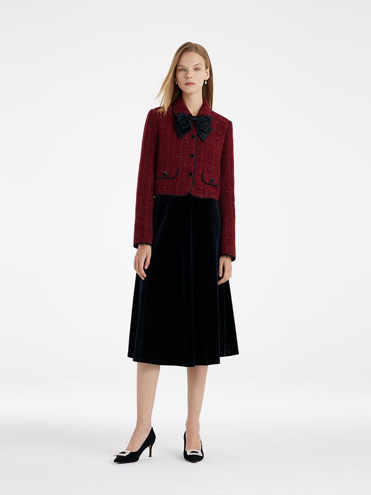 Tweed Jacket And Velvet Skirt Two-Piece Set With Detachable Bowknot Product Image