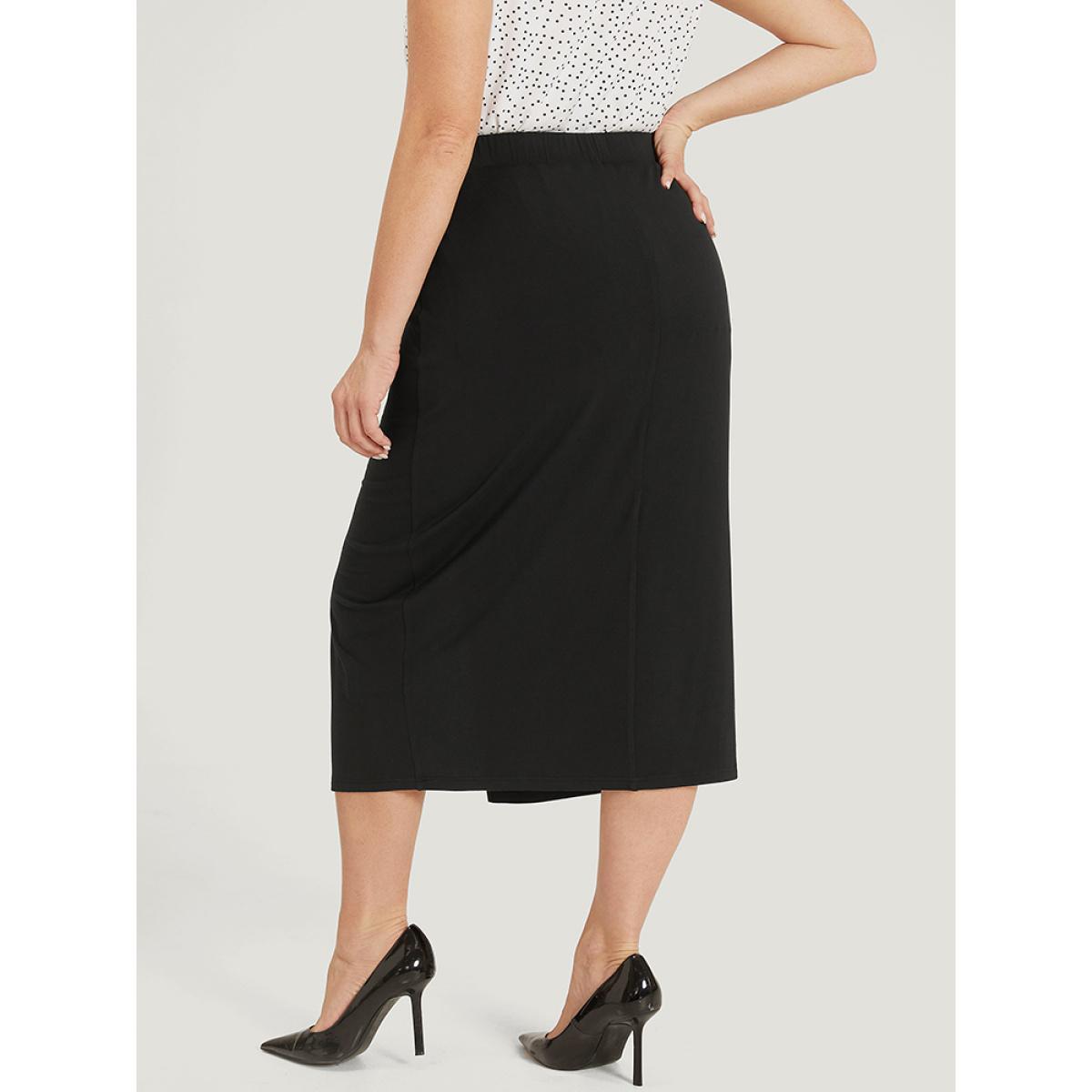 Plus Size Plain Twist Front Split Hem Midi Skirt Women Black Office Plain Low stretch Work Skirts BloomChic 12/L Product Image