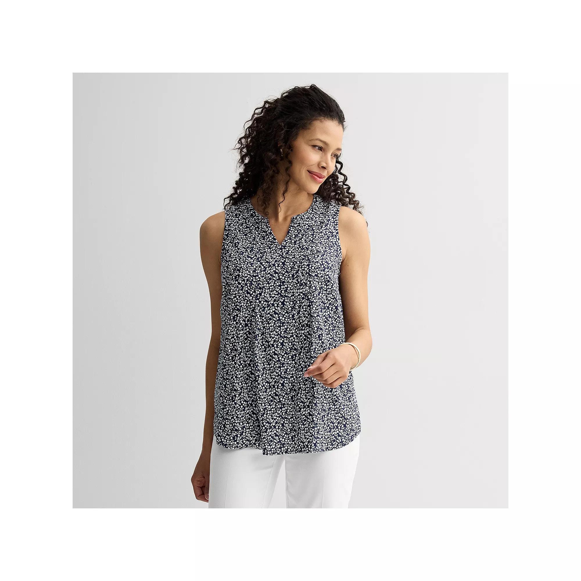 Womens Croft & Barrow Pintuck Sleeveless Shell Top Blue Tiny Blooms Product Image