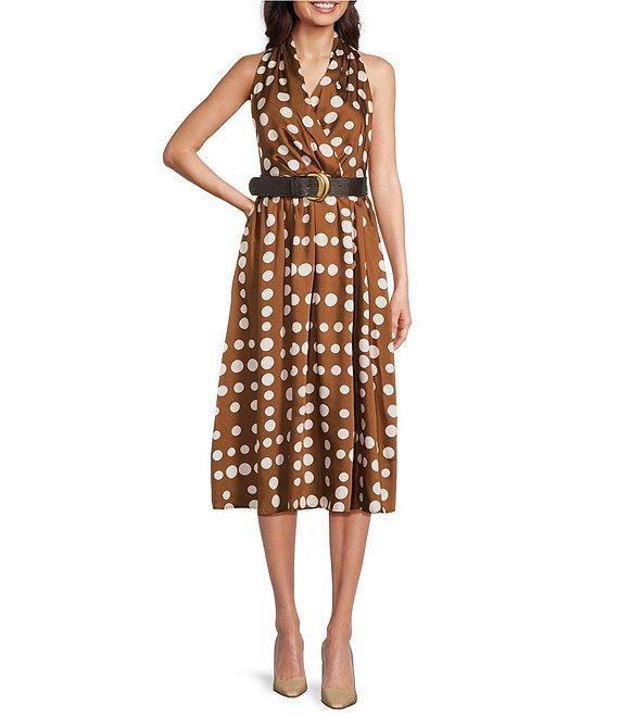 Donna Karan Halter Neck Polka Dot Print Belted Midi Dress Product Image