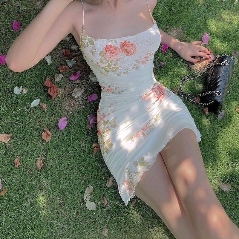 Spaghetti Strap Floral Print Mesh Mini Bodycon Dress Product Image