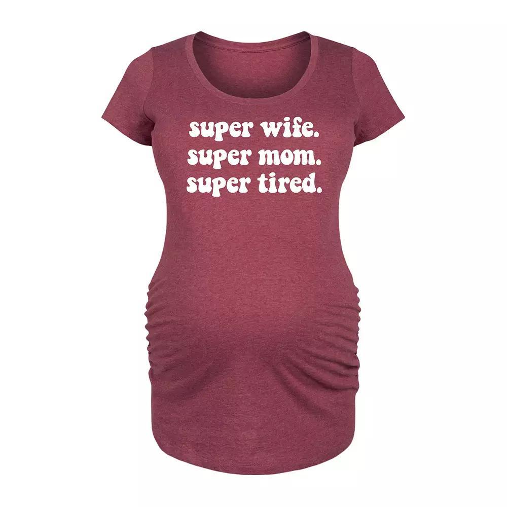 Maternity Super Wife Super Mom Super Tired Graphic Tee, Womens Grey Wine Product Image