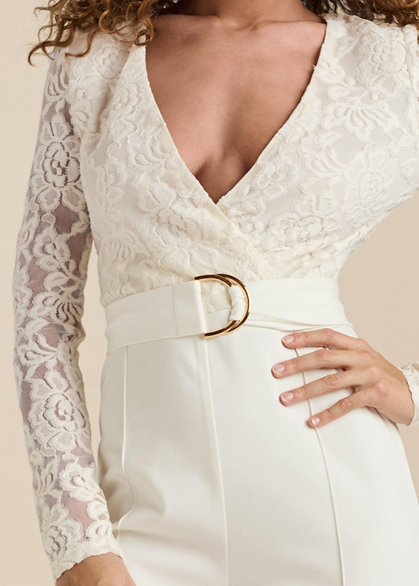 Lace V-Neck Belted Jumpsuit - White Product Image