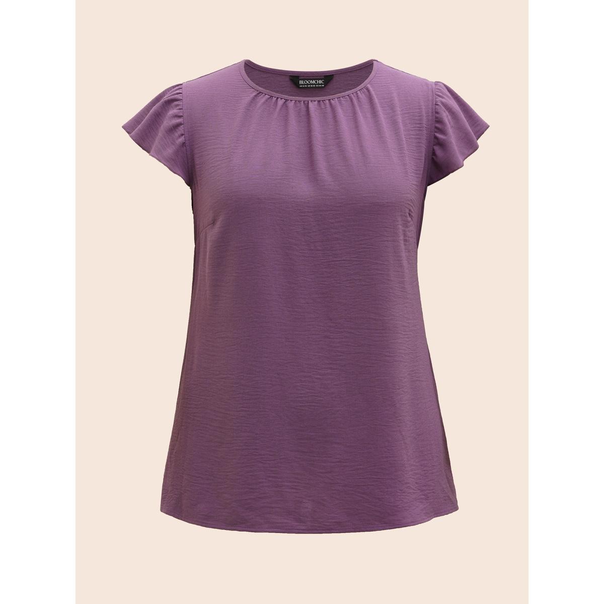 Plus Size Mauve Solid Gathered Flutter Trim Blouse Women Elegant Cap Sleeve Round Neck Dailywear Blouses BloomChic 14-16/1X Product Image