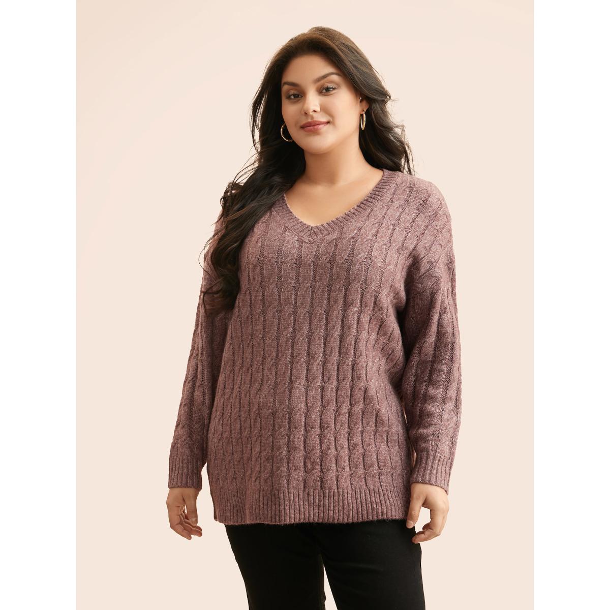 Plus Size Heather Texture Cable Knit Pullover Plum Women Casual Long Sleeve V-neck Everyday Pullovers BloomChic 22-24/3X Product Image