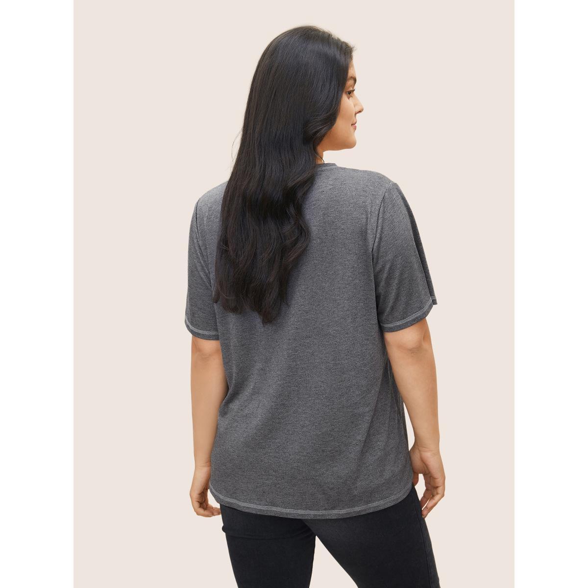 Plus Size Solid Crisscross Neck Contrast Stitch T-shirt Gray Women Casual Plain V-neck Everyday T-shirts BloomChic 26/4X Product Image