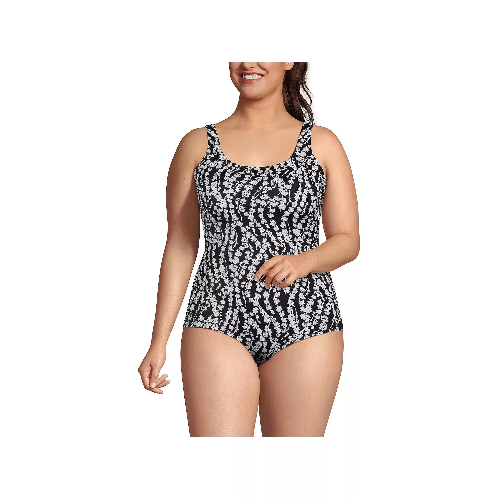 Plus Size Lands' End Tugless UPF 50 Sporty One-Piece Swimsuit, Women's, Size: 24 W, Black White Floral Product Image