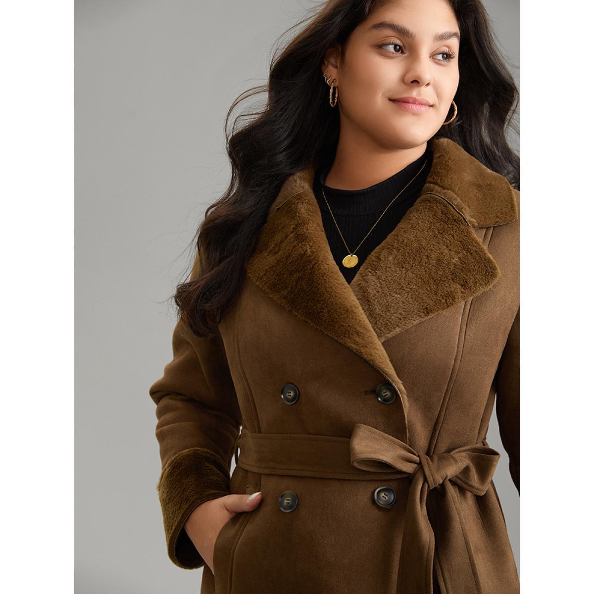 Plus Size Fuzzy Patchwork Double Breasted Belted Jacket Women Bronze Pocket Belt Everyday Jackets BloomChic 26/4X Product Image