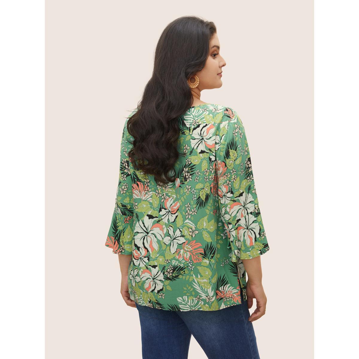 Plus Size Mint Tropical Print Keyhole Flutter Sleeve Blouse Women Resort Elbow-length sleeve Round Neck Vacation Blouses BloomChic 10/M Product Image
