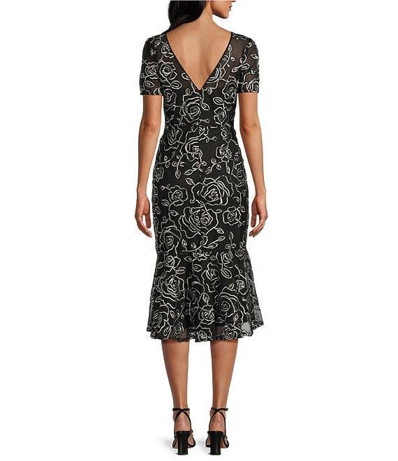 R & M Richards Floral Braid Embroidered Soutache Crew Neck Short Sleeve Flounce Hem Midi Dress Product Image