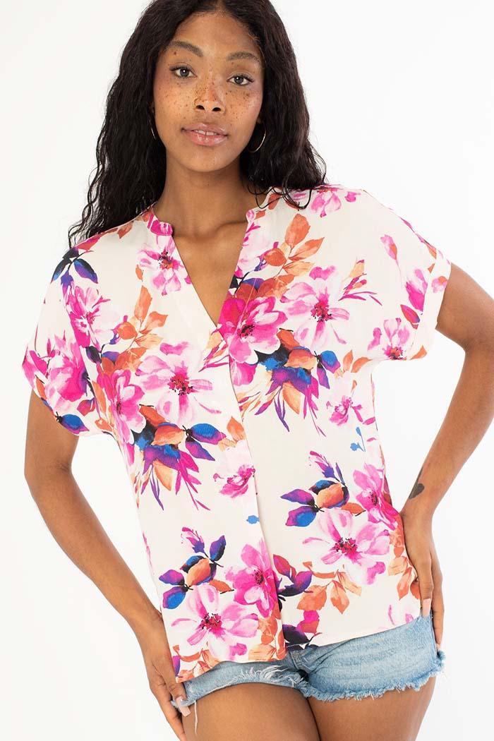 Floral Dolman Sleeve V Neck Blouse Product Image