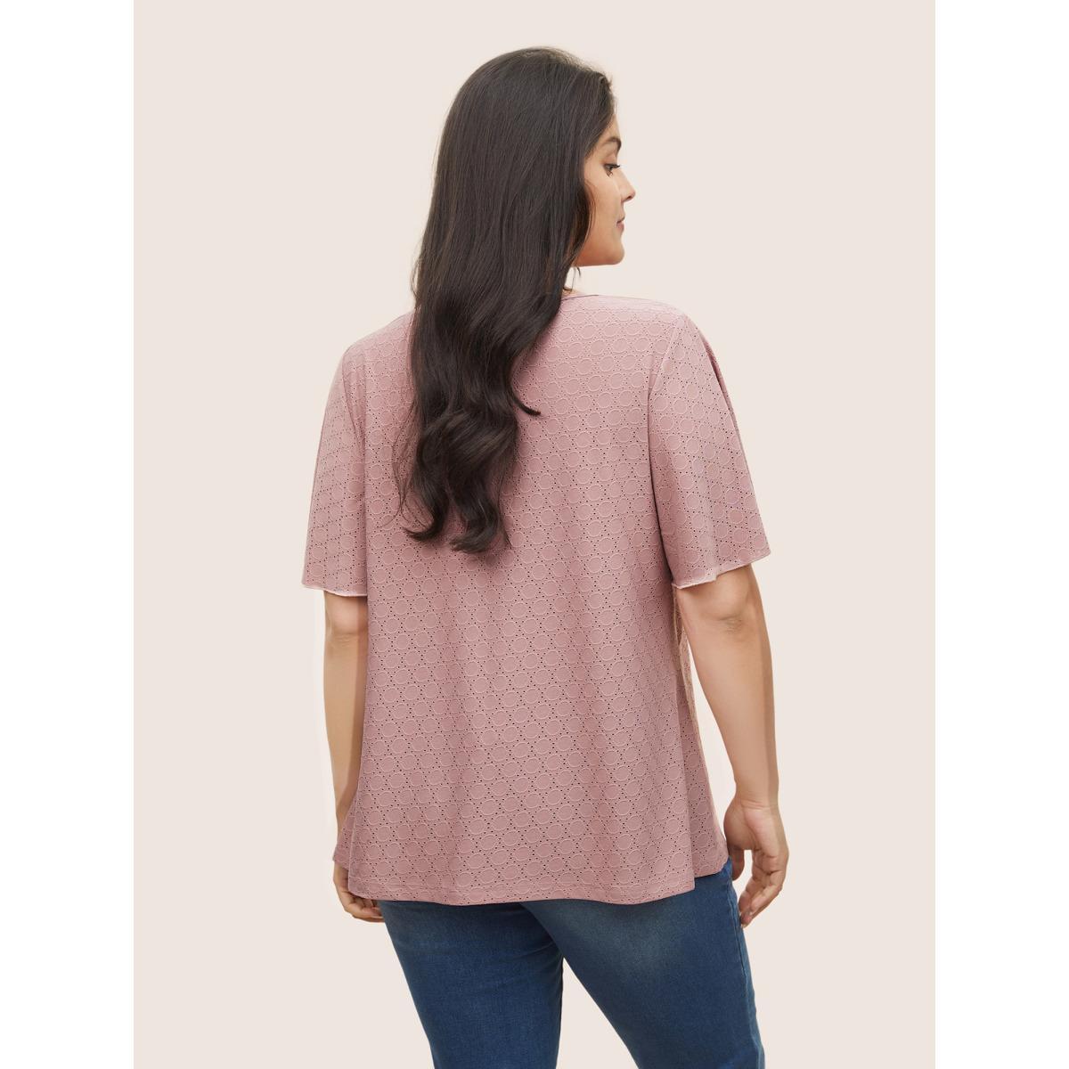 Plus Size Plain Textured Geometric Flutter Sleeve T-shirt Rouge Women Elegant Texture Plain Round Neck Everyday T-shirts BloomChic 22-24/3X Product Image
