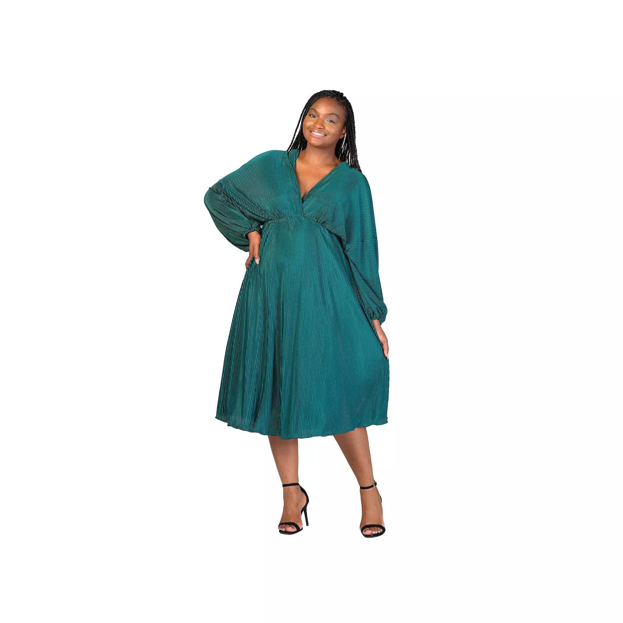 Plus Size 24Seven Comfort Apparel Shimmer Pleated V Neck Empire Waist Bishop Sleeve Midi Dress, Women's, Size: 3XL, Black Product Image