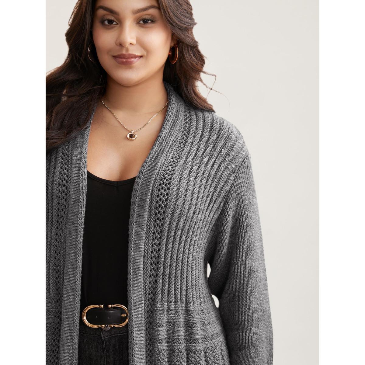 Plus Size Plain Textured Kimono Collar Cardigan Mediumgray Women Casual Loose Long Sleeve Everyday Cardigans BloomChic 14-16/1X Product Image
