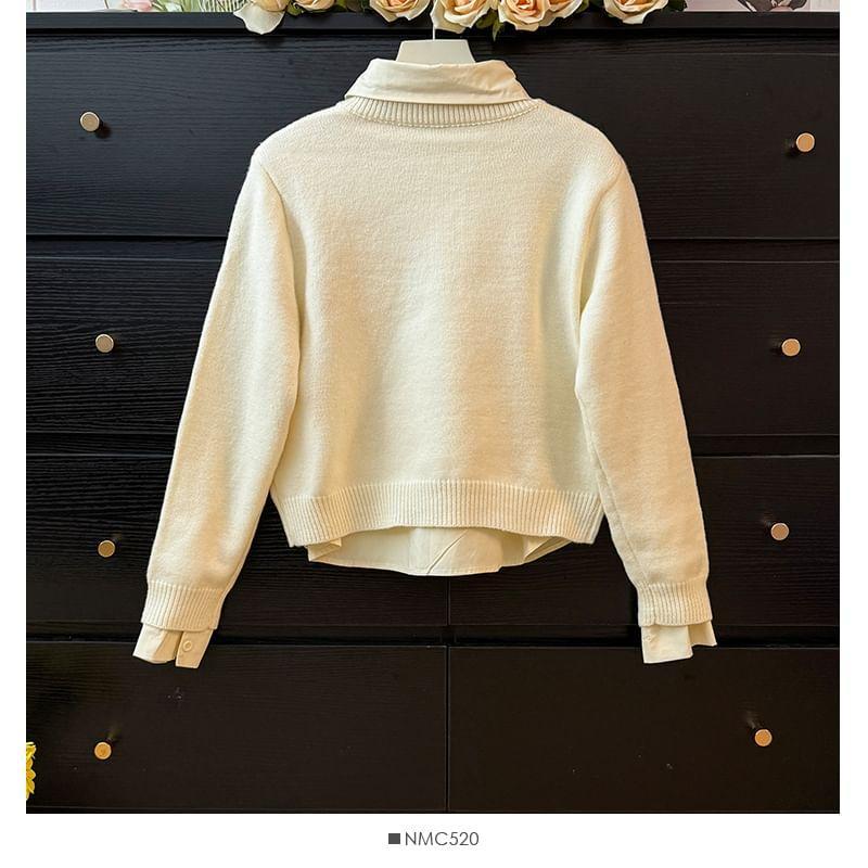 Set: Button-Up Knit Crop Top + Plain Crop Shirt Product Image
