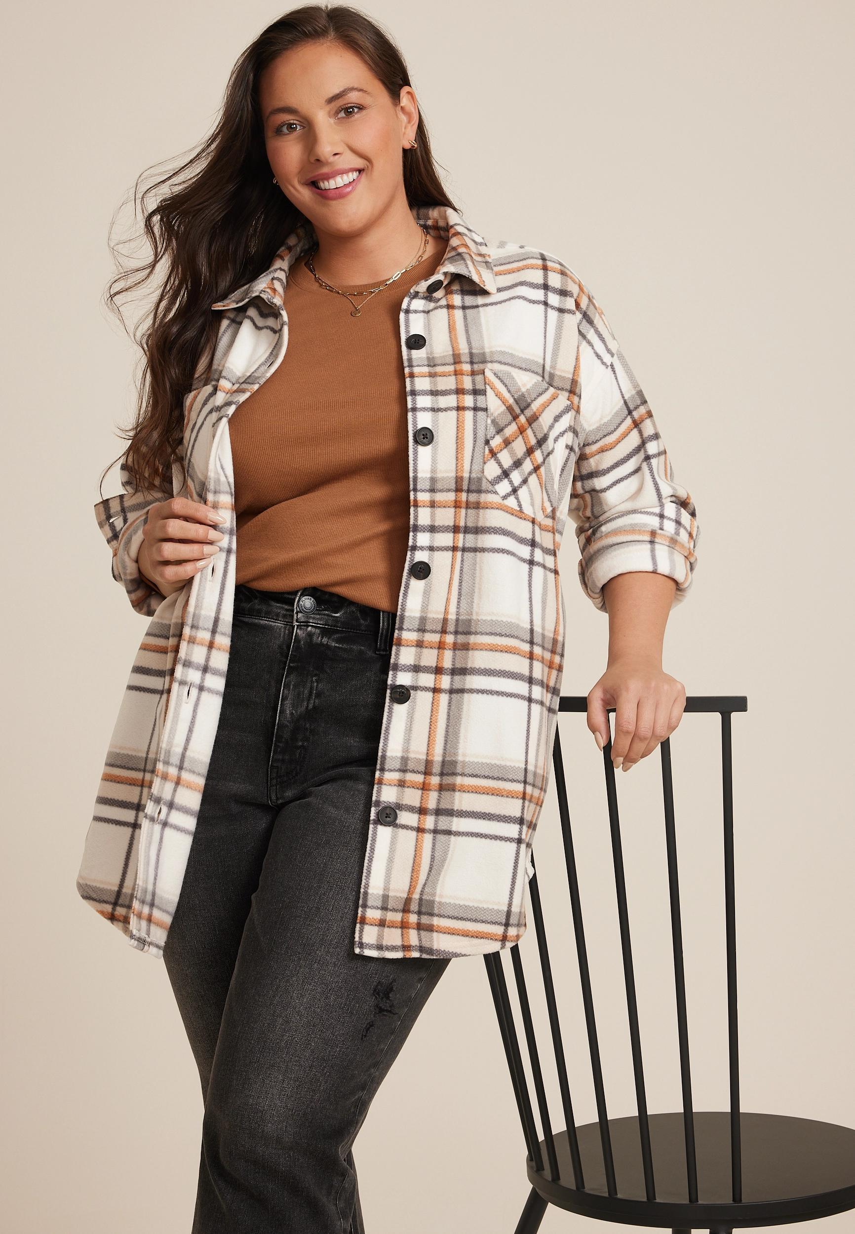 Maurices Plus Size Womens Wilder Plaid Fleece Shacket Beige Size 4X Product Image