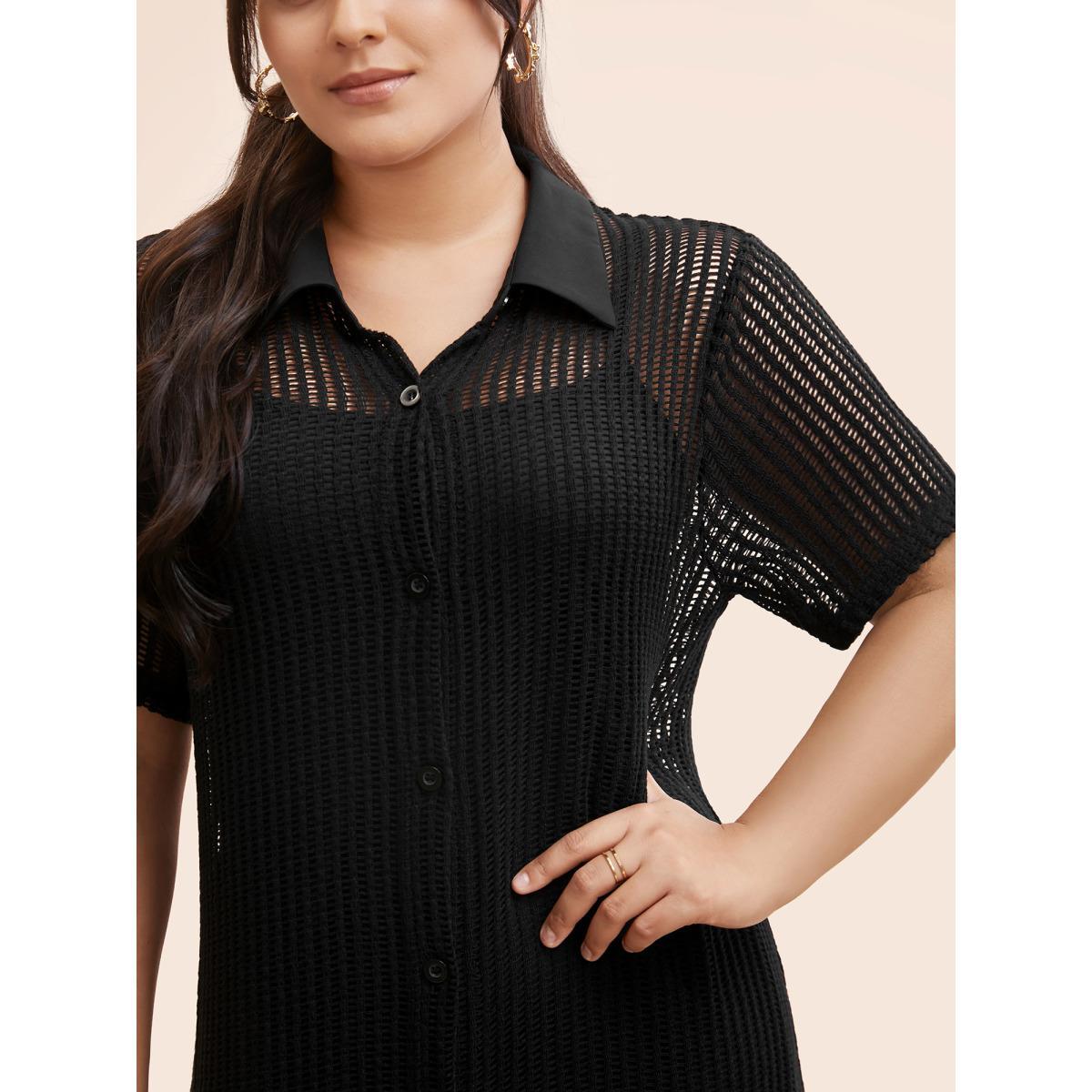 Plus Size Shirt Collar Button Up Midi Dress Black Women Casual Texture Shirt collar Short sleeve Curvy BloomChic 10/M Product Image
