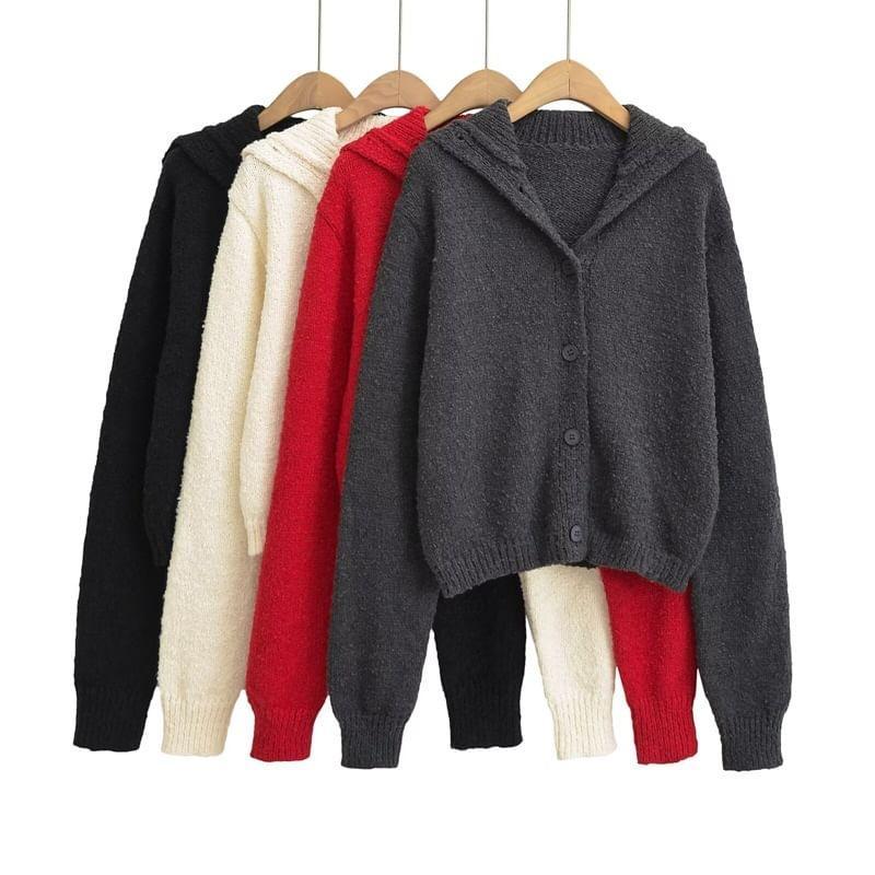 Hooded Plain Button Up Crop Cardigan Product Image