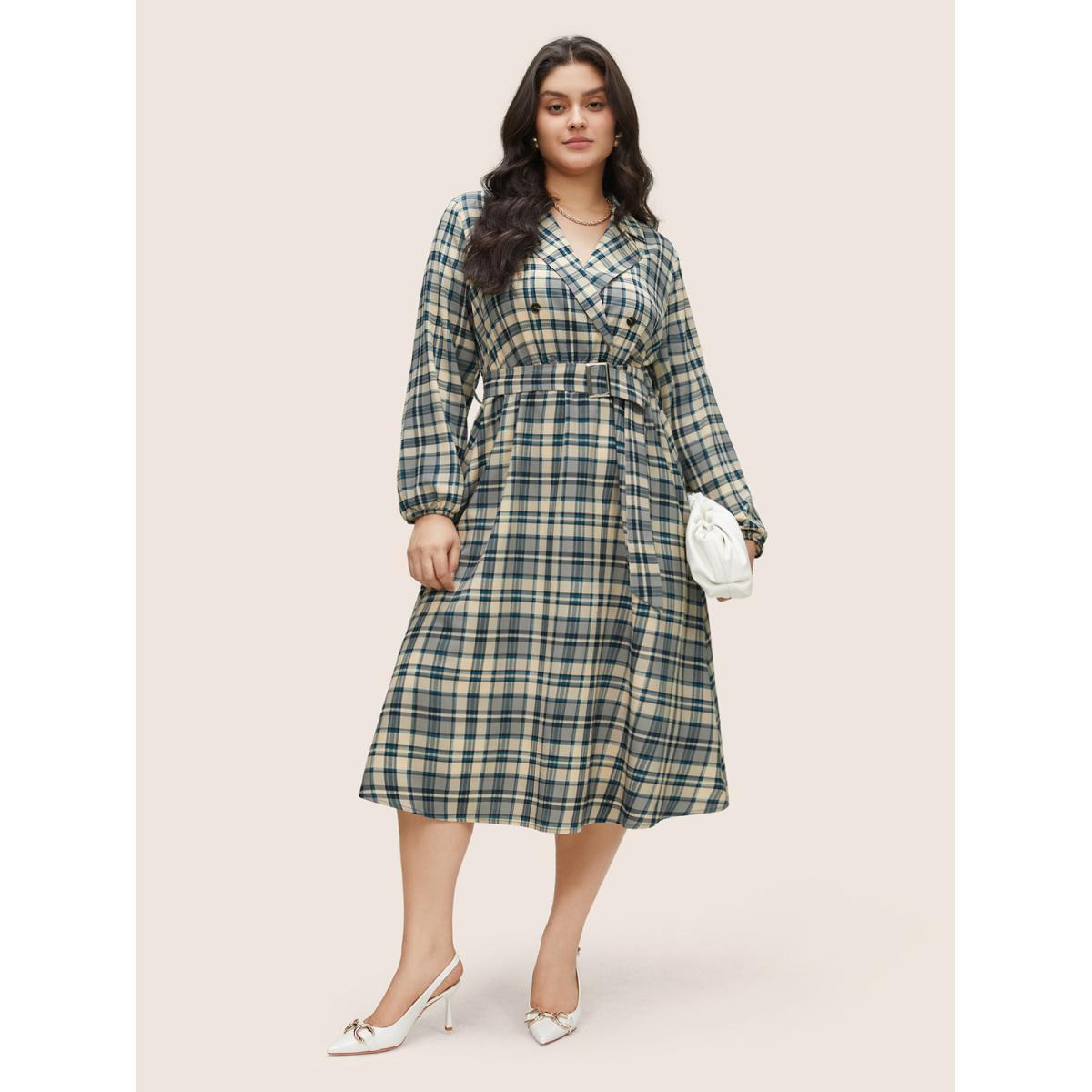 Plus Size Plaid Suit Collar Pocket Belted Dress Stone Women At the Office Non Suit Collar Long Sleeve Curvy Midi Dress BloomChic 10/M Product Image
