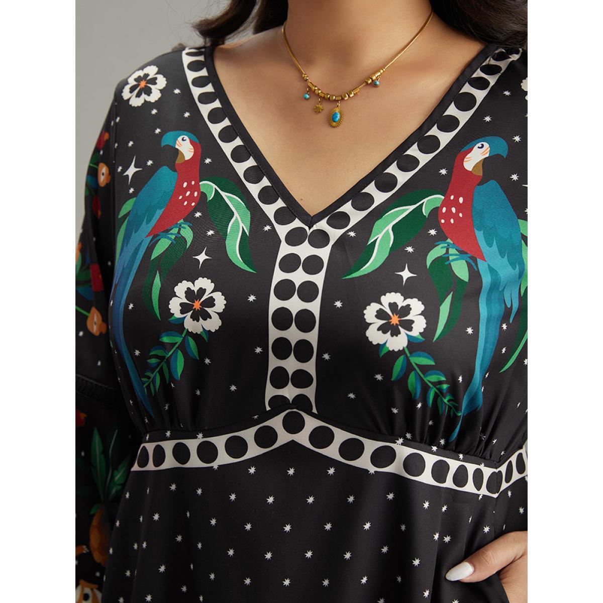Plus Size Bandana Print Lantern Sleeve Ruffle Hem Dress Black Women Resort Printed V-neck Long Sleeve Curvy Midi Dress BloomChic 18-20/2X Product Image