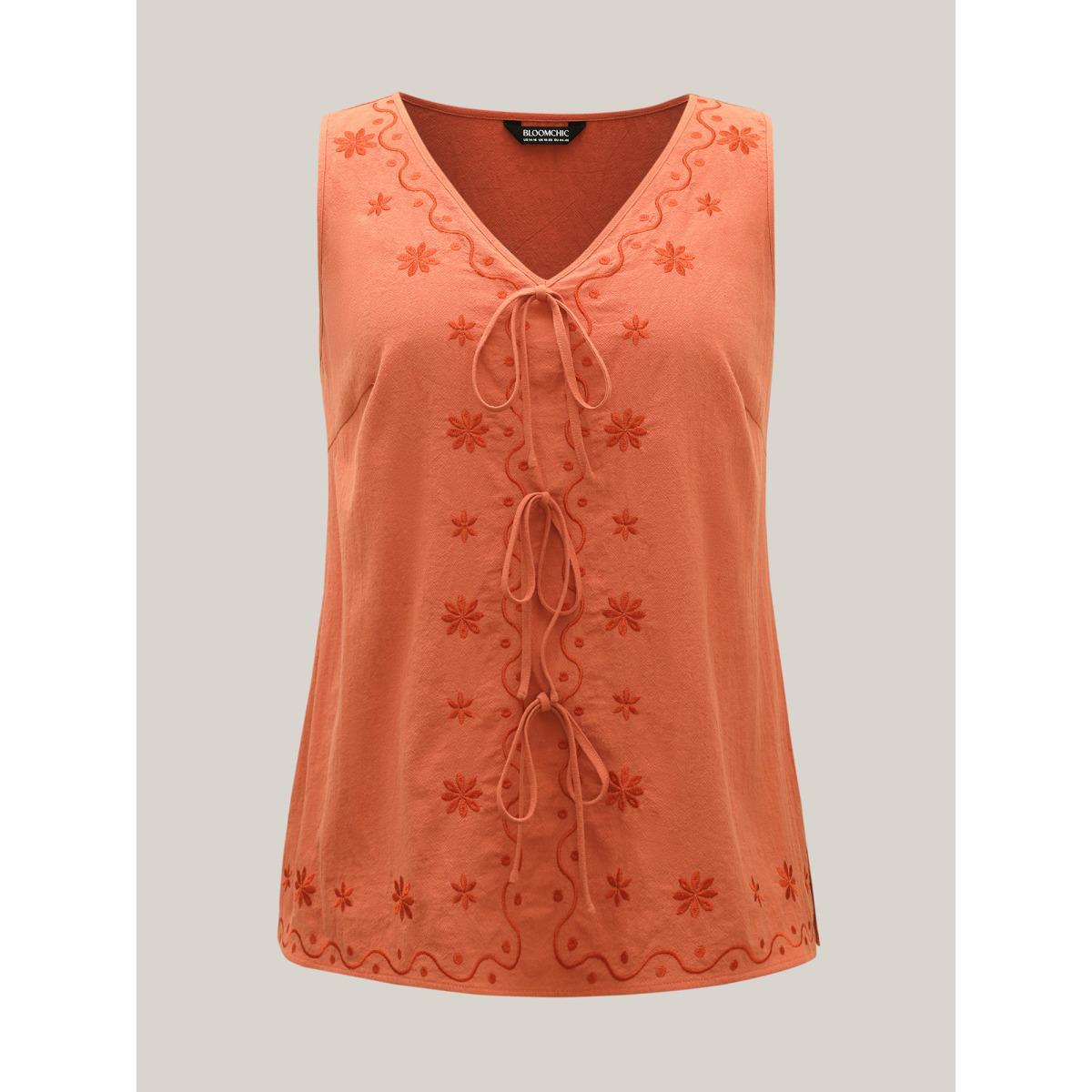 Plus Size Ribbon Tie Embroidered Cotton Tank Top Women Brightorange Tie knot V-neck Vacation Tank Tops Camis BloomChic 10/M Product Image