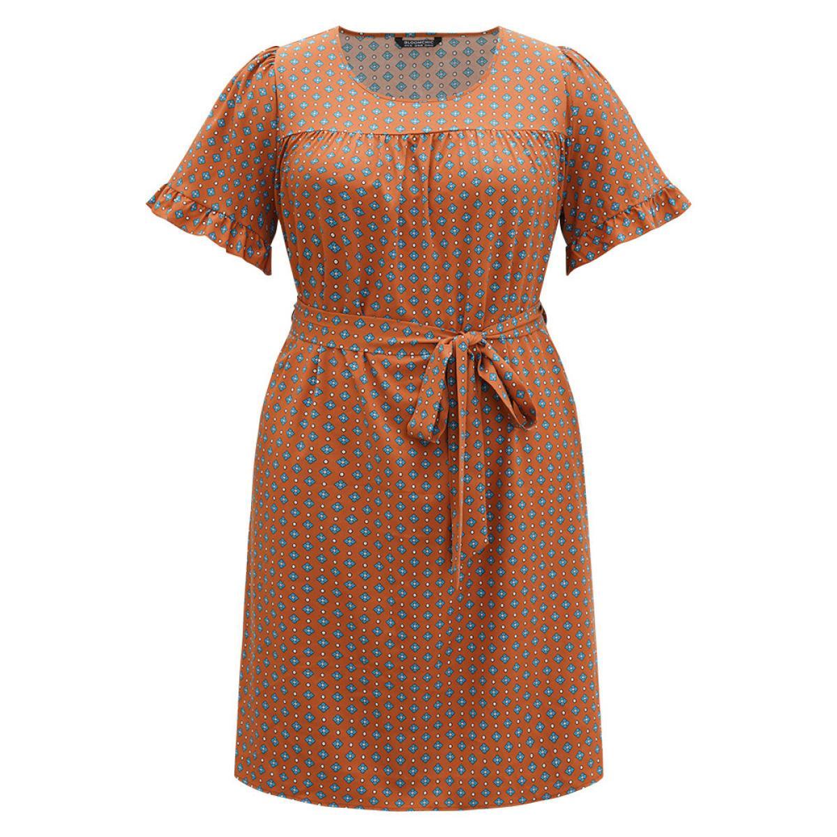 Plus Size Bandana Print Flutter Trim Pocket Belted Dress Chocolate Women Vacation Belted Round Neck Short sleeve Curvy Midi Dress BloomChic 28/5X Product Image
