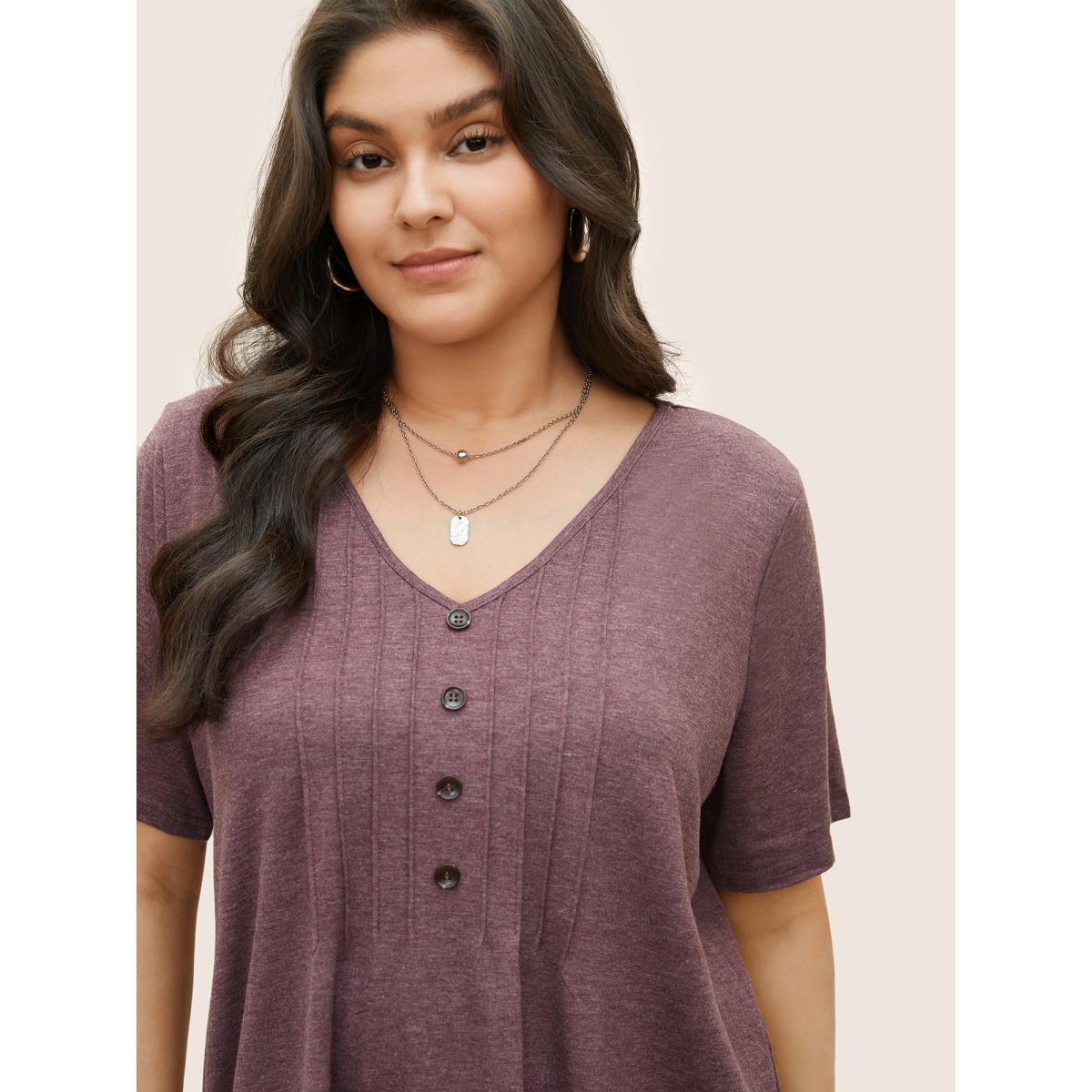 Plus Size Solid Pleated Front Button Detail V Neck T-shirt Mauve Women Casual Button Plain Everyday T-shirts BloomChic 12/L Product Image