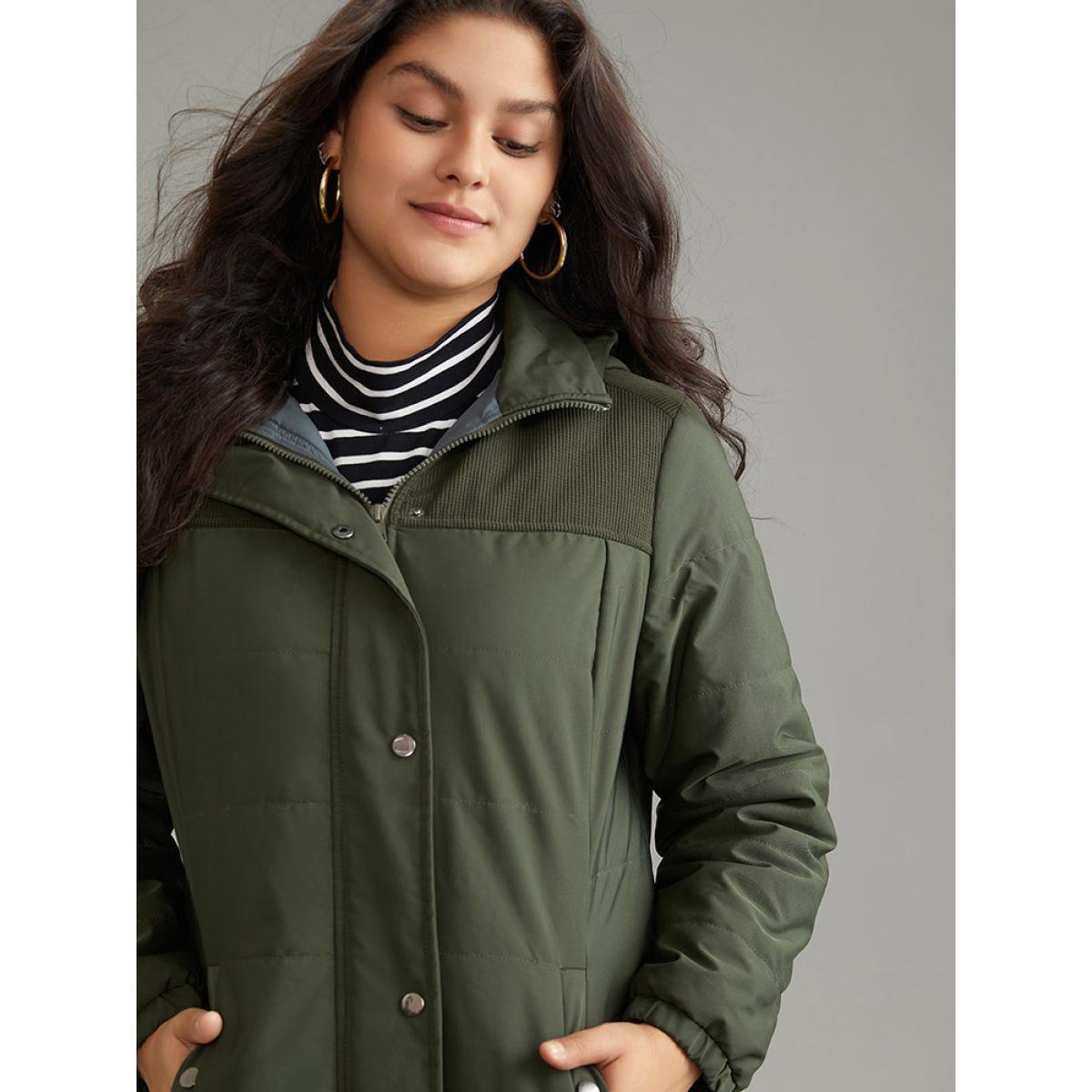 Plus Size Plain Patchwork Corduroy Zipper Padded Hooded Jacket Women ArmyGreen Lined Pocket Everyday Jackets BloomChic 18-20/2X Product Image