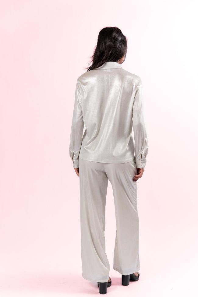 In The Works Silver Knit Button Down and Pants Set FINAL SALE Product Image