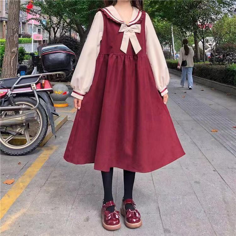 Puff-Sleeve Collar Bow Two Tone Midi Smock Dress Product Image