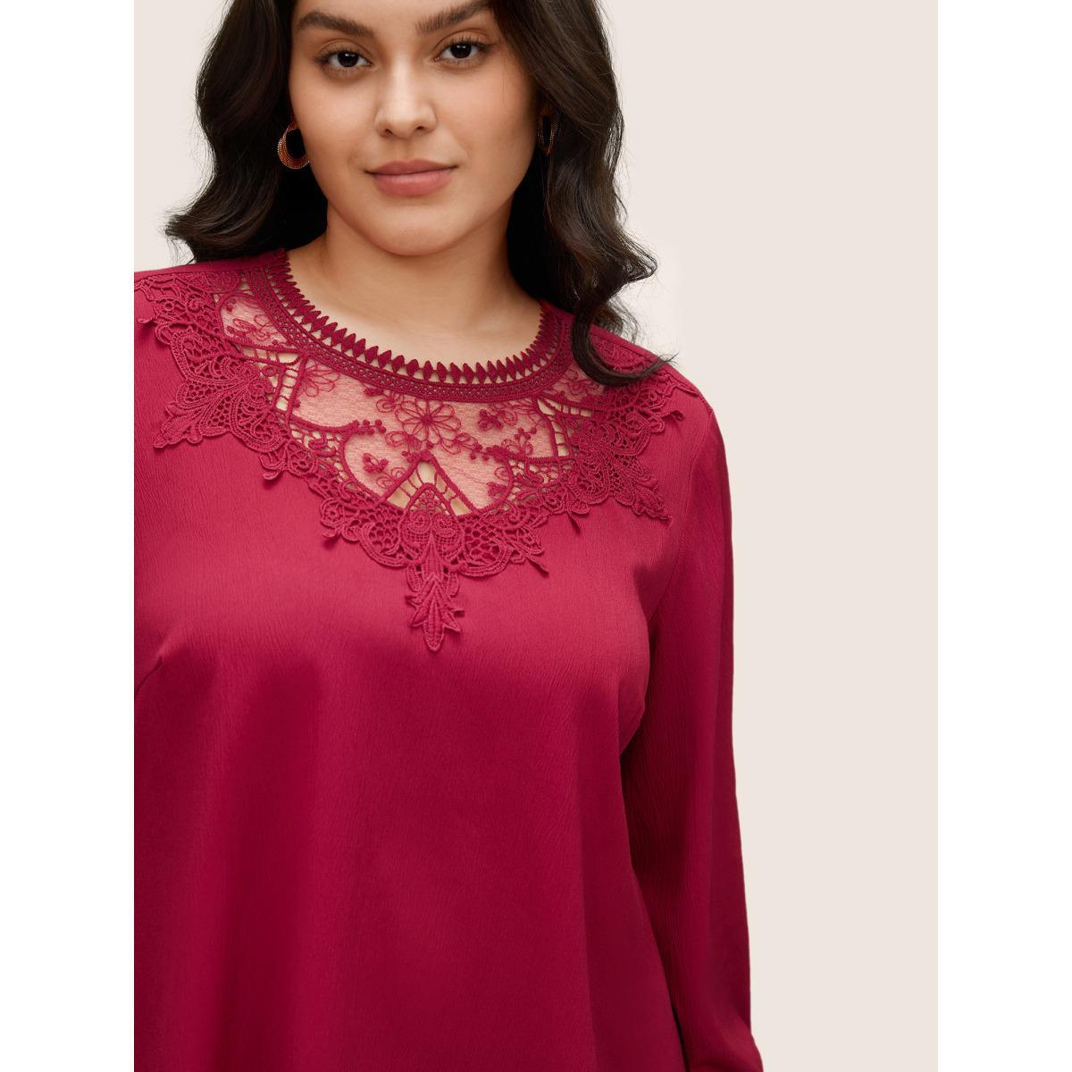Plus Size Scarlet Lace Patchwork Shirred Crinkle Gauze Blouse Women Elegant Long Sleeve Round Neck Everyday Blouses BloomChic 10/M Product Image