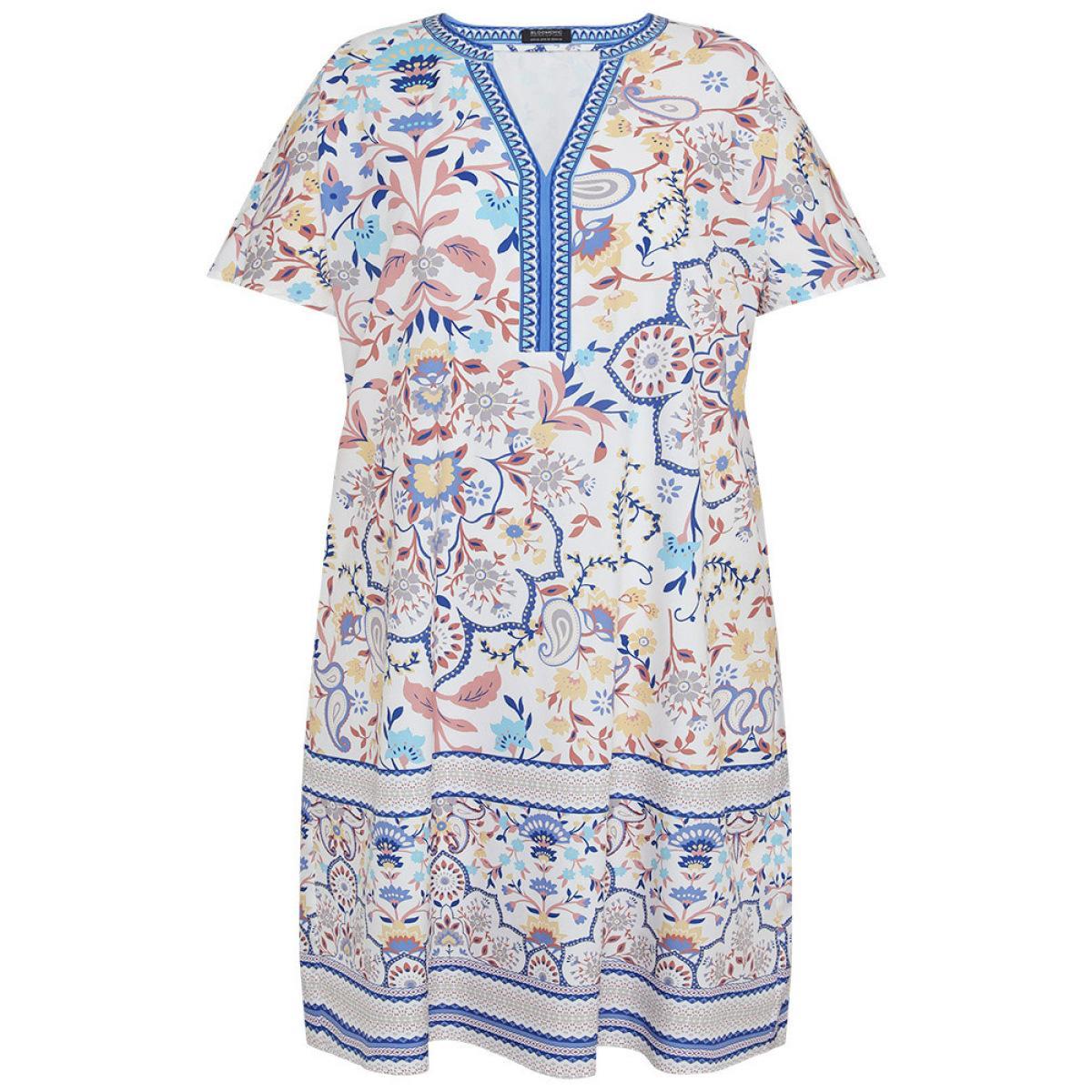Plus Size Boho Print Pocket Notched Ruffle Hem Dolman Sleeve Dress LightBlue Women Vacation Notched collar Short sleeve Curvy Knee Dress BloomChic 26/4X Product Image