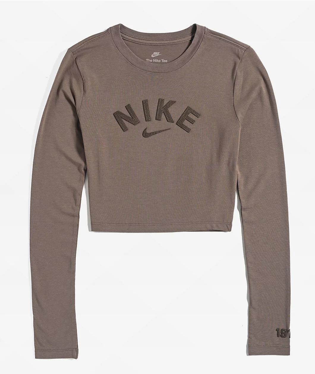 Nike Sportswear Chill Knit Brown Long Sleeve Crop T-Shirt Product Image