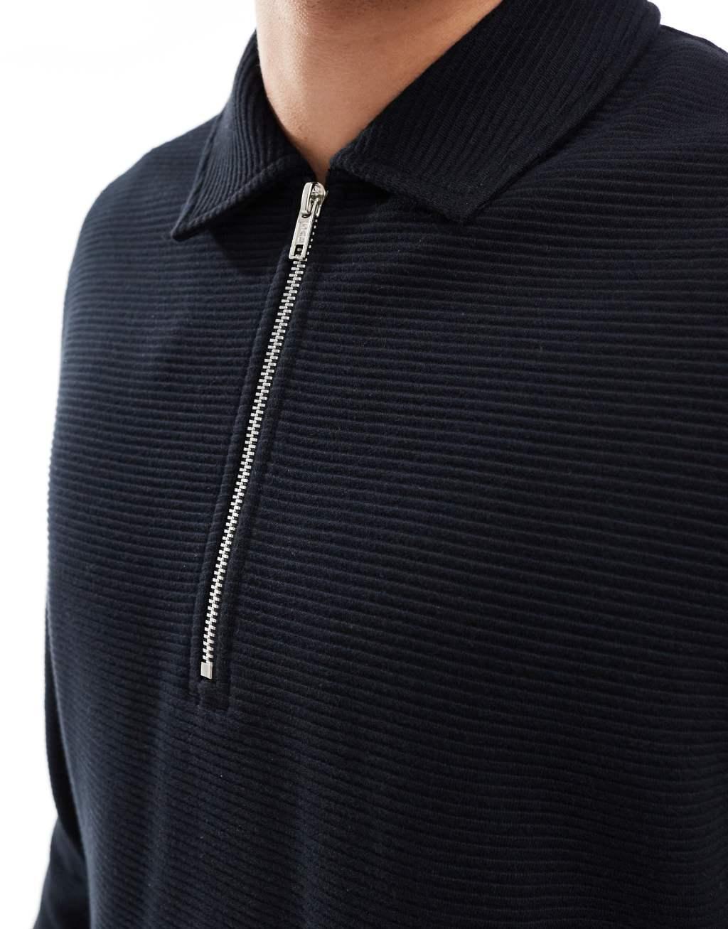 ASOS DESIGN quarter zip ribbed collar sweatshirt in black Product Image