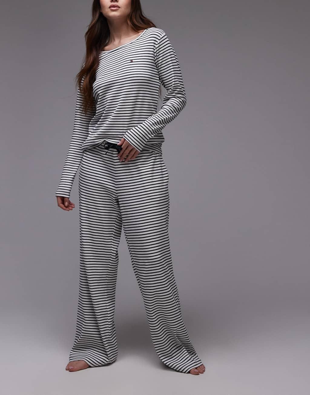 Tommy Hilfiger lounge jersey long sleeve tee and pants set in navy stripe Product Image