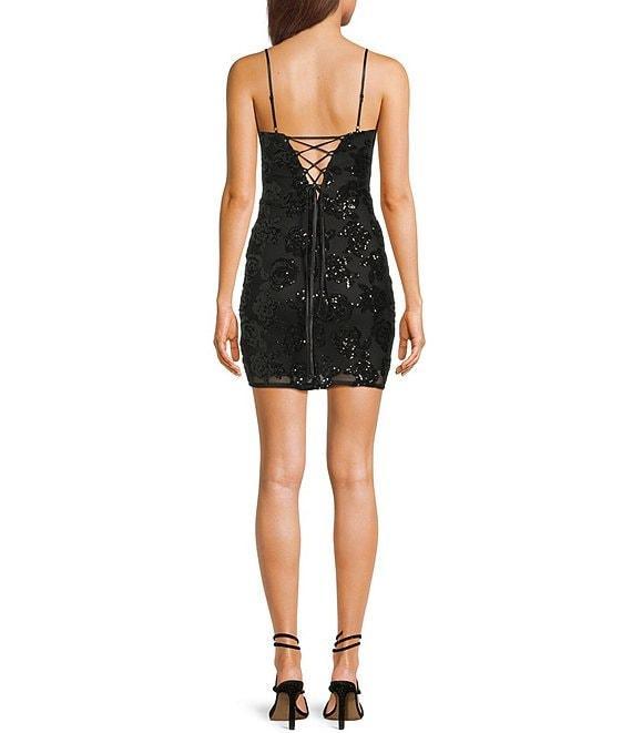 Blondie Nites Rose Sequin Patterned Corset Bodice Lace Up Tie Back Dress Product Image