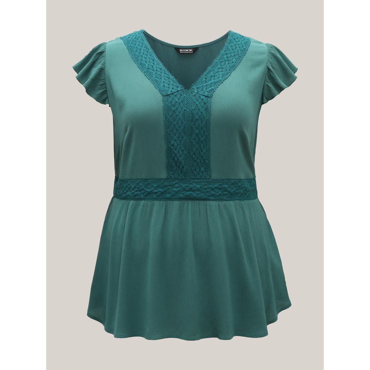Plus Size Emerald Lace Trim Perfect-Fit Solid Blouse Women Cap Sleeve V-neck Everyday-Elegant Blouses BloomChic 22-24/3X Product Image