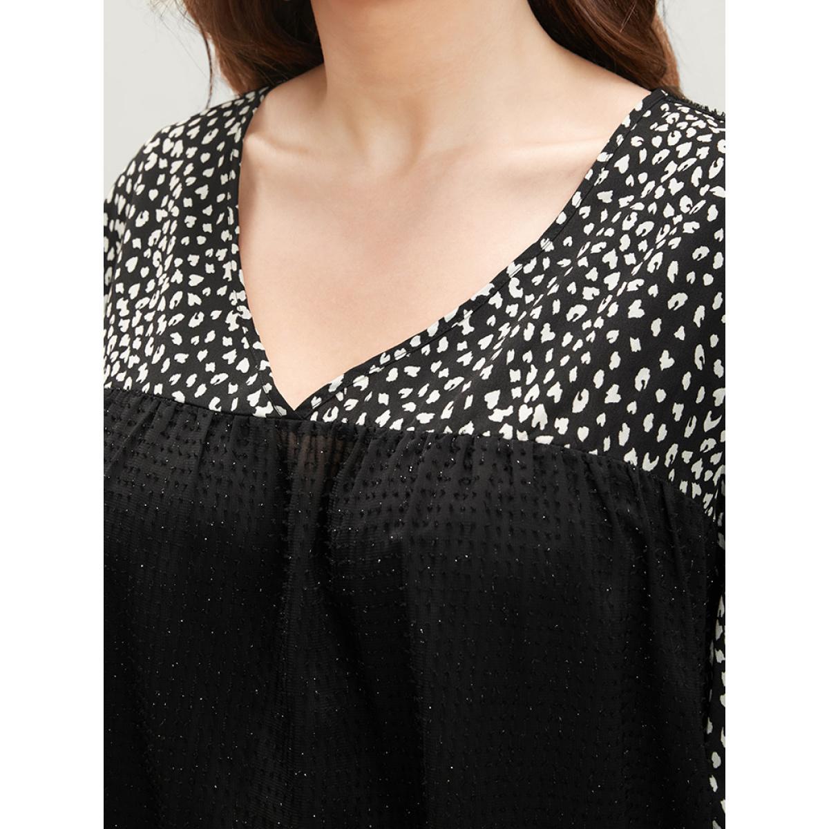 Plus Size Black Leopard Patchwork Raglan Sleeve V Neck Blouse Women Elegant Long Sleeve V-neck Dailywear Blouses BloomChic 18-20/2X Product Image