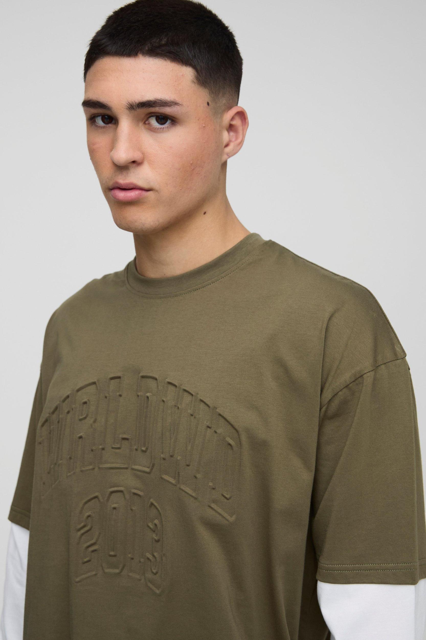 Oversized Faux Layer Varsity Embossed T-Shirt | boohooMAN USA Product Image