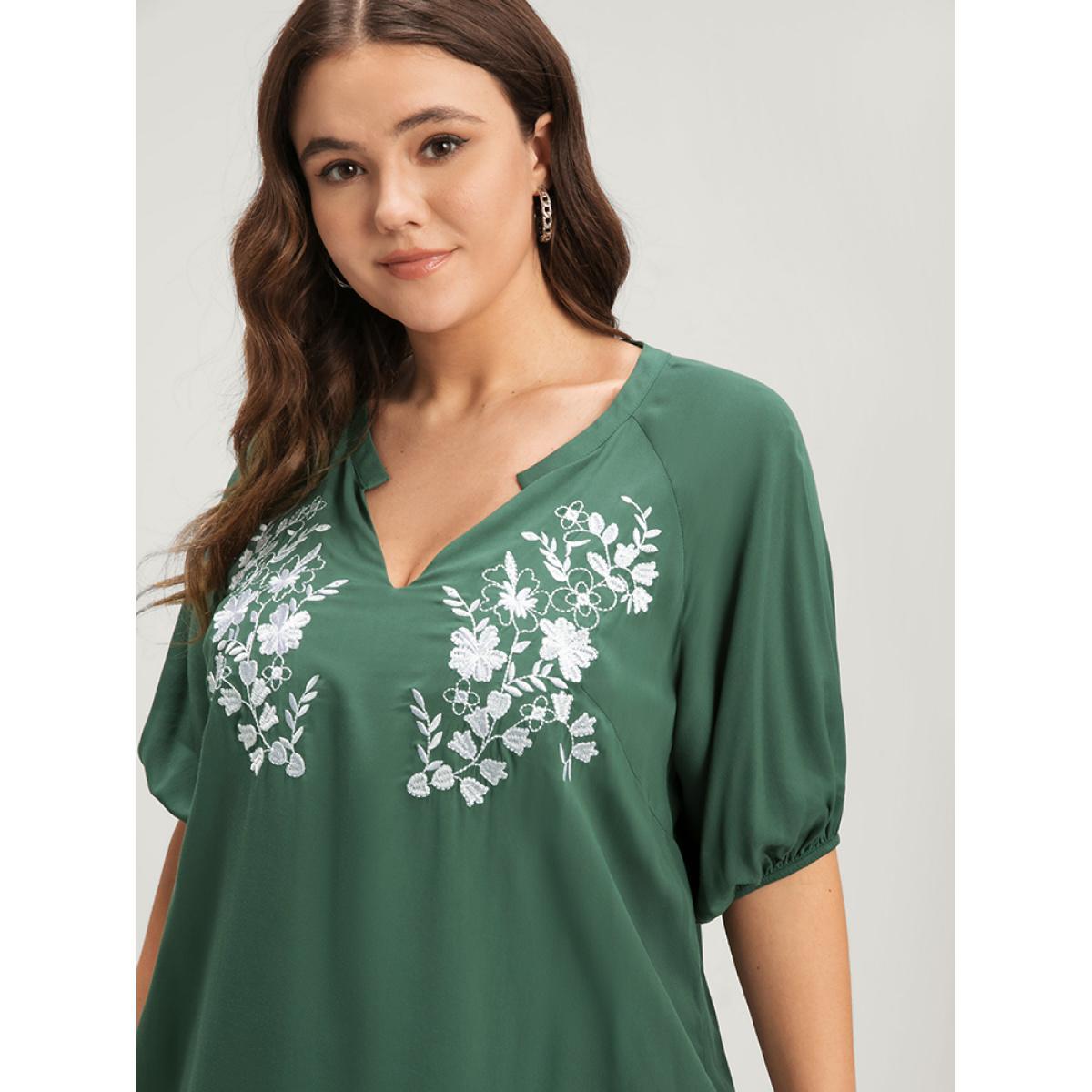 Plus Size Green Floral Embroidered Puff Sleeve V Neck Blouse Women Elegant Half Sleeve V-neck Dailywear Blouses BloomChic 22-24/3X Product Image